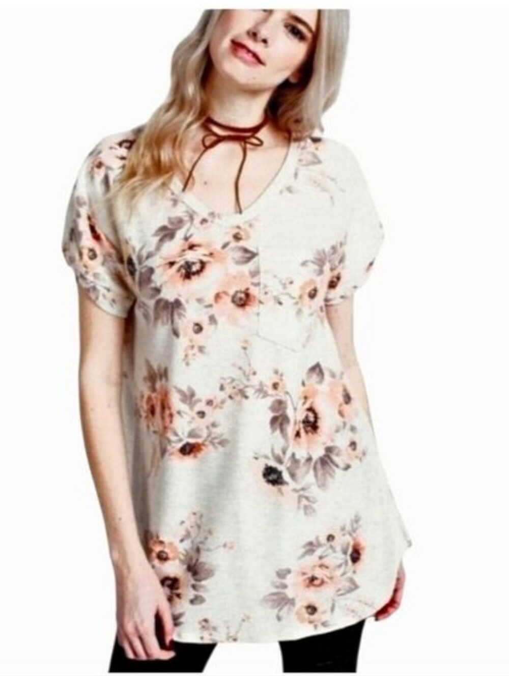 12 PM By Mon Ami French Terry Floral Print Short Sleeve V-neck Top Size XL NWT